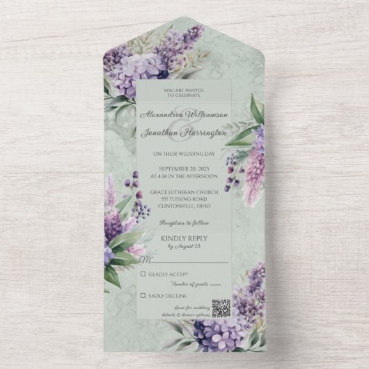 Lilacs en Heather op gemarmerde salie groen All In One Uitnodiging (Binnen)