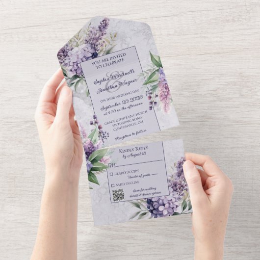 Lilacs en Heather op Lavendel met QR Code All In One Uitnodiging (Afscheurbaar)