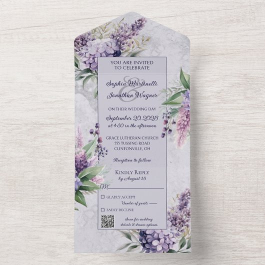 Lilacs en Heather op Lavendel met QR Code All In One Uitnodiging (Binnen)