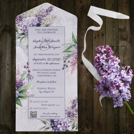 Lilacs en Heather op Lavendel met QR Code All In One Uitnodiging