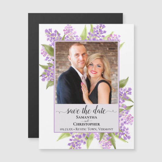 Lilacs & Foto Lavendel Bruiloft Save the Date Magnetische Uitnodiging (Voorkant / Achterkant)