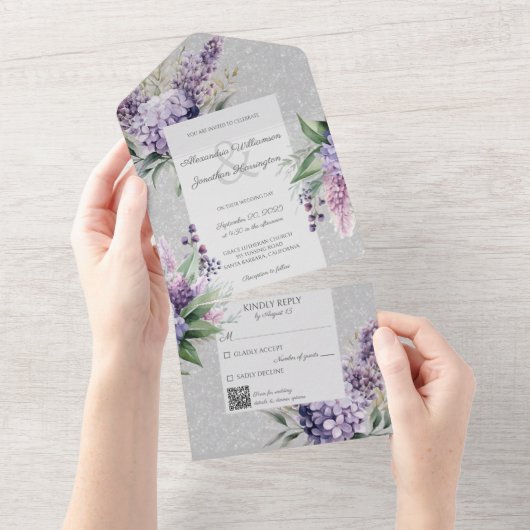 Lilacs & Heather op Grijs met QR Code All In One Uitnodiging (Afscheurbaar)