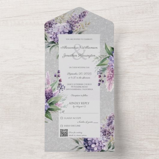 Lilacs & Heather op Grijs met QR Code All In One Uitnodiging (Binnen)