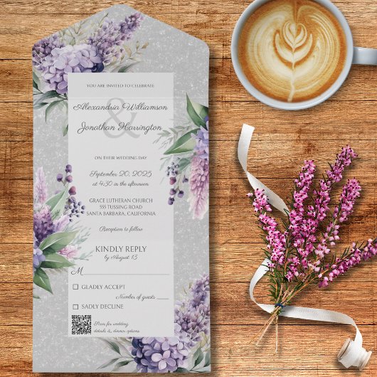 Lilacs & Heather op Grijs met QR Code All In One Uitnodiging