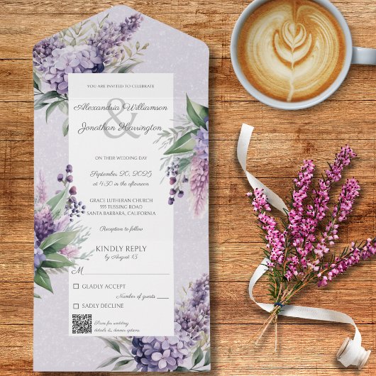 Lilacs & Heather op Lavendel met QR Code All In One Uitnodiging