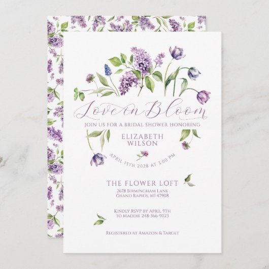 Lilacs & Lente Bloemen Bruidsdouche Uitnodiging (Voorkant / Achterkant)