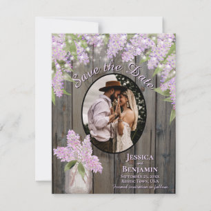Lilacs & Lights op Barn Wood Paars Wedding Save The Date
