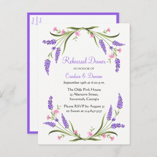 Lilacs Paarse Waterverf Floral Rehearsal Dinner Uitnodiging Briefkaart (Voorkant / Achterkant)