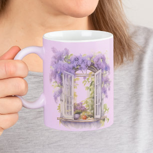 Lilacs venster bloemen lavendel monogram koffiemok