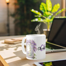 Lilacs venster bloemen lavendel monogram koffiemok