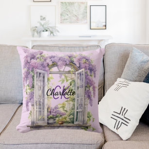 Lilacs venster bloemen roze monogram kussen