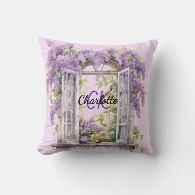 Lilacs venster bloemen roze monogram kussen (Voorkant)