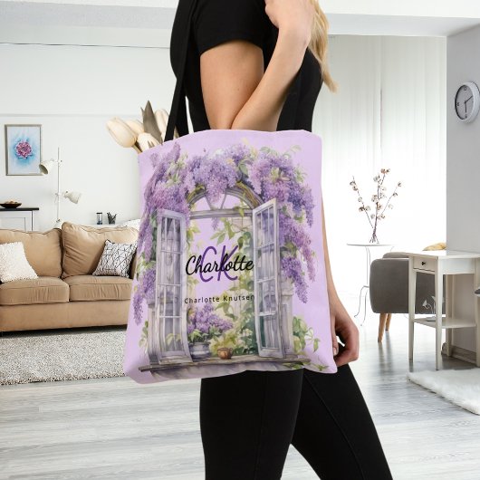 Lilacs venster bloemen roze monogram tote bag