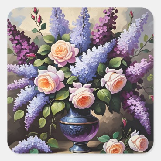 lila's en rozen in vaas vierkante sticker (Voorkant)