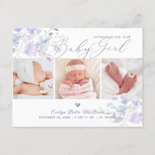 Liliac Dusty Blue Waterverf bloemen, Girl Birth Briefkaart