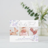 Liliac Dusty Blue Waterverf bloemen, Girl Birth Briefkaart (Staand voorkant)