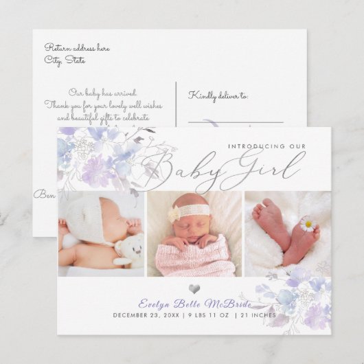 Liliac Dusty Blue Waterverf bloemen, Girl Birth Briefkaart (Voorkant / Achterkant)