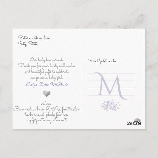 Liliac Dusty Blue Waterverf bloemen, Girl Birth Briefkaart (Achterkant)
