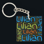 Lilian Sleutelhanger<br><div class="desc">Lilian. Show en draag deze populaire, mooie mannelijke voornaam die is ontworpen als kleurrijke tekstwolk gemaakt van horizontale en verticale krommende typografie van handletters in verschillende maten en schattige verse kleuren. Draag je positieve franse naam of show de wereld waar je van houdt of waar je van houdt. Merk met...</div>