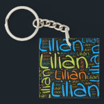 Lilian Sleutelhanger<br><div class="desc">Lilian. Show en draag deze populaire, mooie mannelijke voornaam die is ontworpen als kleurrijke tekstwolk gemaakt van horizontale en verticale krommende typografie van handletters in verschillende maten en schattige verse kleuren. Draag je positieve franse naam of show de wereld waar je van houdt of waar je van houdt. Merk met...</div>