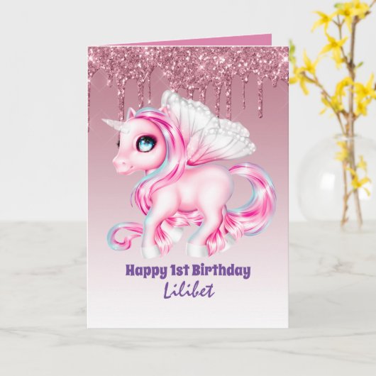 Lilibet 1e verjaardagskaarten - Prinses Eenhoorns Kaart (Gele Bloem)