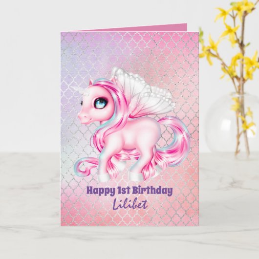 Lilibet 1st Birthday Kaarten - Princess Unicorns (Gele Bloem)