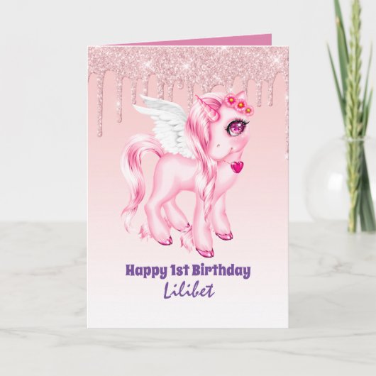 Lilibet 1st Birthday Kaarten - Princess Unicorns (Voorkant)