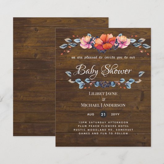 Lilibet Baby shower Invite - Rustisch Oranje Paars (Voorkant / Achterkant)