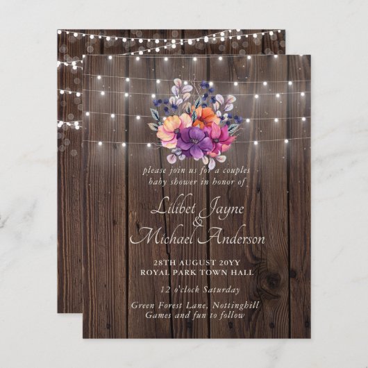 Lilibet Baby shower Invite - Rustisch Oranje Paars (Voorkant / Achterkant)