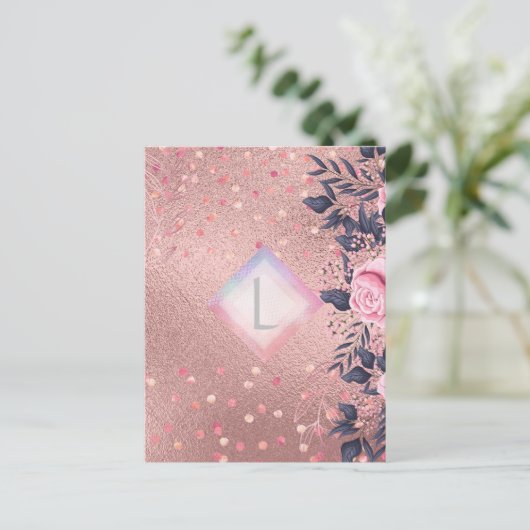 Lilibet Monogram Rozegoud Bloem geschikt voor Prin Briefkaart (Staand voorkant)