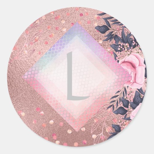 Lilibet Monogram Rozegoud Bloem geschikt voor Prin Ronde Sticker (Voorkant)