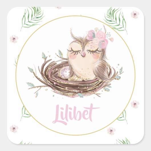 Lilibet Uil Baby Meisje Shower Vierkante Sticker (Voorkant)
