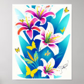 Lilies en gele vlinders poster (Voorkant)