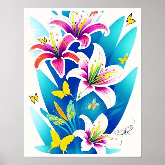 Lilies en gele vlinders poster (Voorkant)