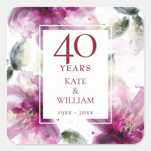 Lilies Floral 40th Ruby Bruiloft Jubileum Vierkante Sticker (Voorkant)