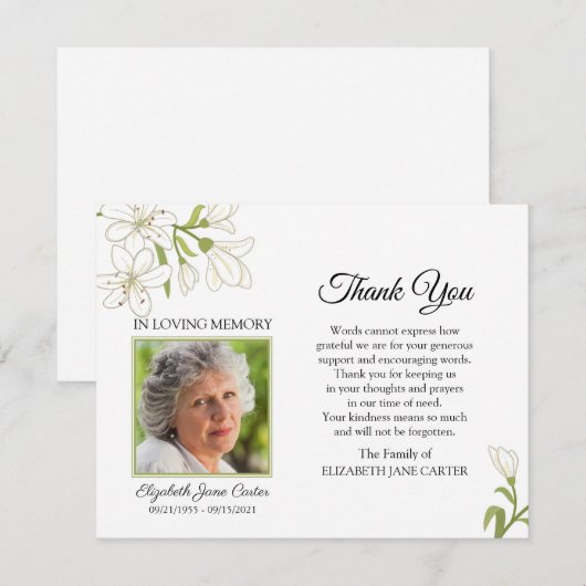 Lilies Funeral Hartelijk dank voor foto-briefkaart Bedankkaart (Voorkant / Achterkant)