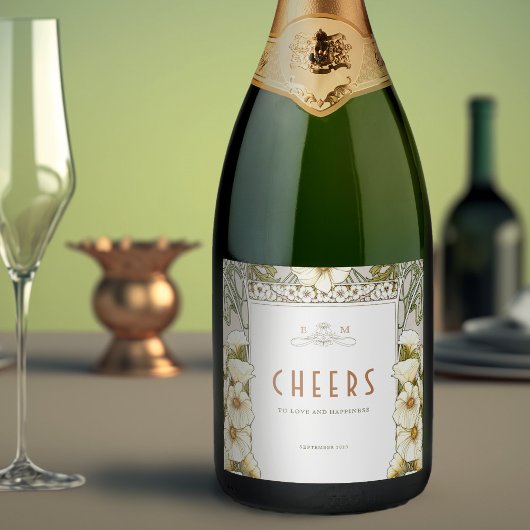 Lilies Green en Gold  Art Nouveau Mucha Ch Sparkling Wijnetiket