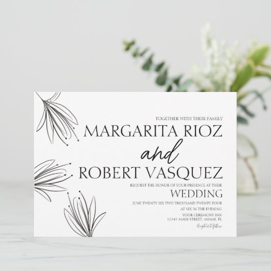 Lilies Hand Drawn Elegant Script Wedding Kaart (Staand voorkant)