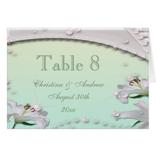 Lilies Mint Green Wedding Table Number Card (Voorkant Horizontaal)