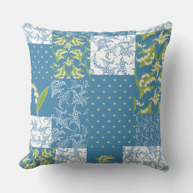 Lilies-of-the-Valley Faux Patchwork, blauw Kussen (Voorkant)