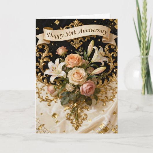  Lilies Roses and Gold 50th Wedding Anniversary Kaart (Voorkant)
