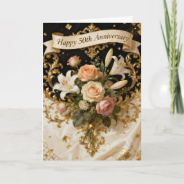 Lilies Rozen en Goud 50ste Huwelijksverjaardag Kaart
