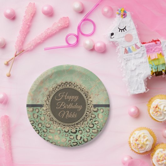 LIlime groen marmer glitterij luipaard verjaardag Papieren Bordje (Feest)