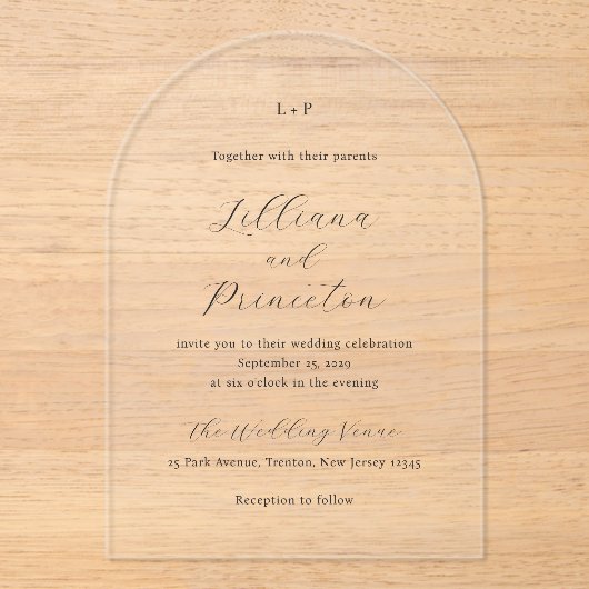 Lilliana Elegant Modern Wedding Acryl Uitnodigingen (Voorkant)