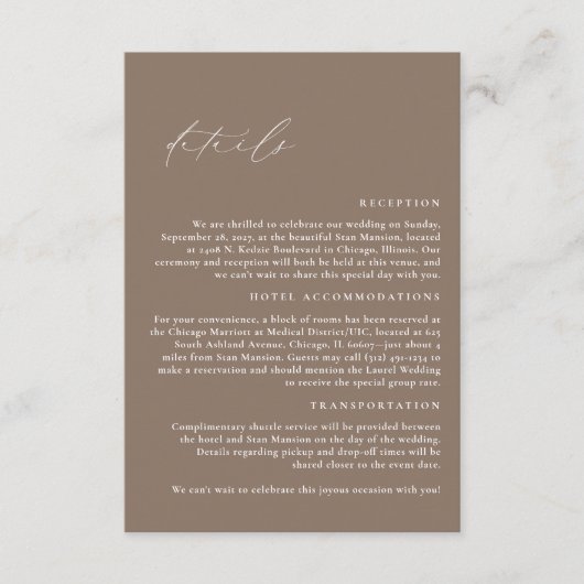 LILLIE Elegant Mocha Bruin Trouwdetails Informatiekaartje (Voorkant)