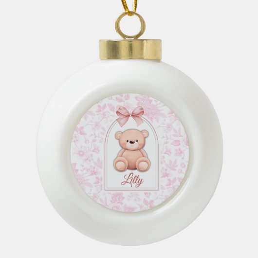 Lilly | Aangepaste Roze Teddybeer Nursery Design Keramische Bal Ornament (Voorkant)