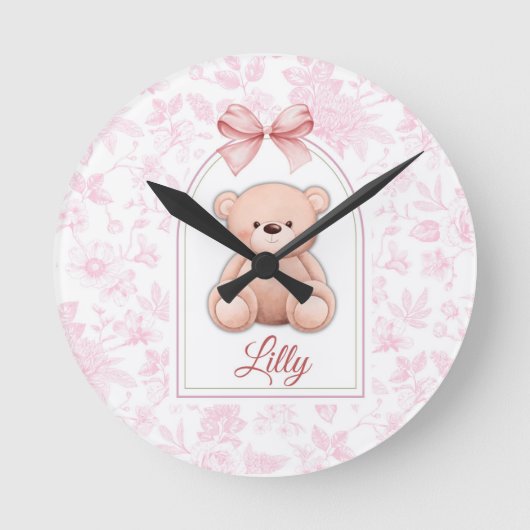 Lilly | Aangepaste Roze Teddybeer Nursery Design Ronde Klok (Voorkant)