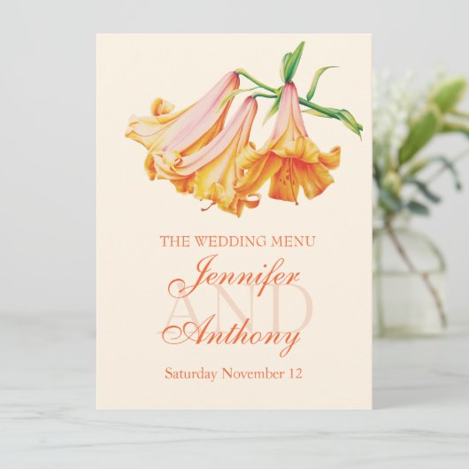 Lily bell fine art bruiloft diner menu (Staand voorkant)