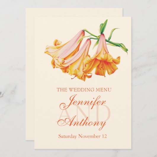 Lily bell fine art bruiloft diner menu (Voorkant / Achterkant)