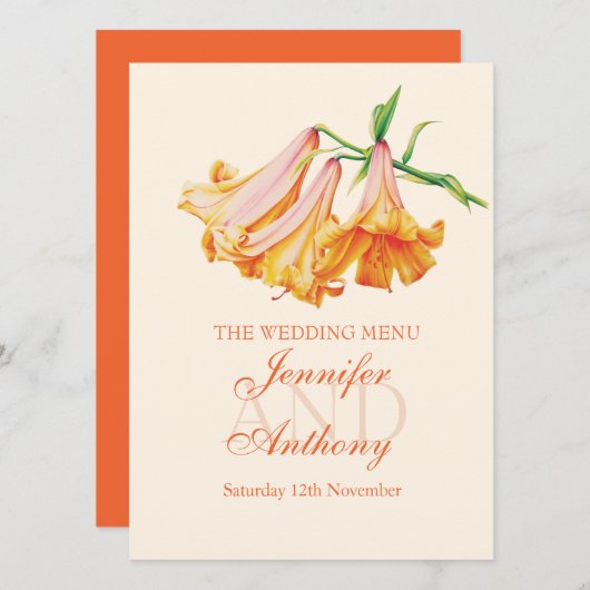 Lily bell fine art bruiloft diner menu (Voorkant / Achterkant)